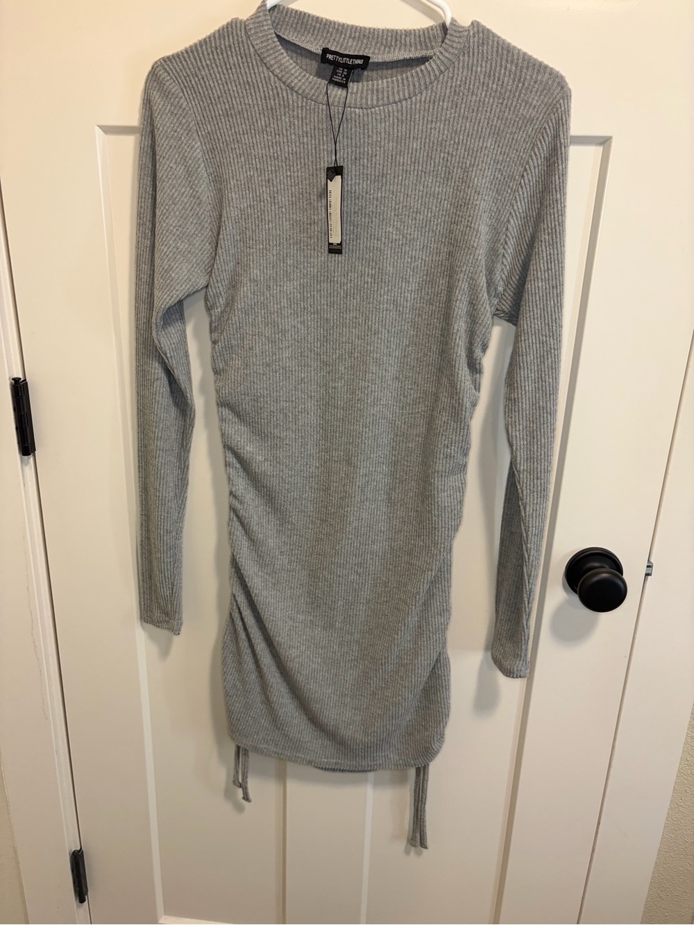 Pretty Little Thing Gray Ribbed Long Sleeve Knit Dress with Ties